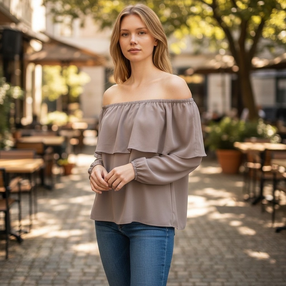 Aritzia Wilfred Off-the-Shoulder Blouse Ruffle Neckline Taupe XS Romantic 62520